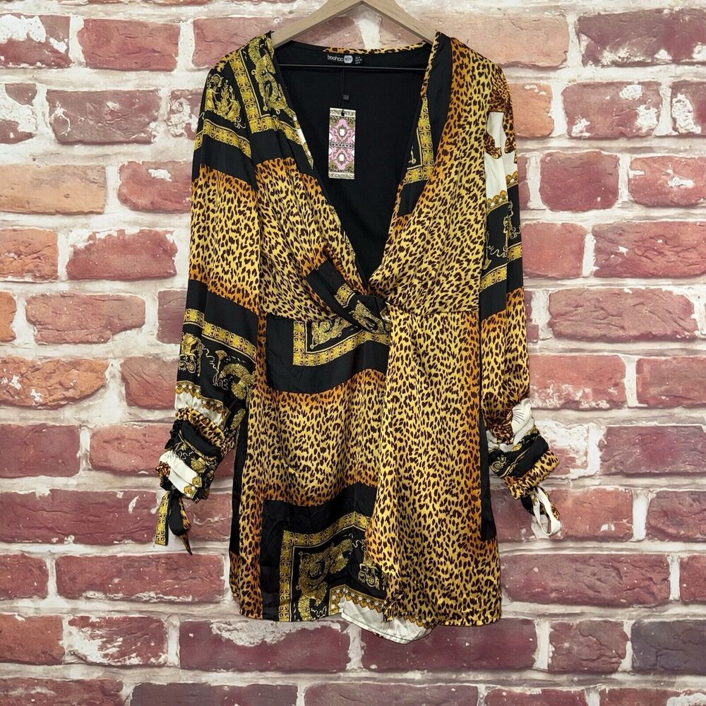 Boohoo Dress Womens Size 10 Black Gold Satin Chain Abstract Animal Print Popover